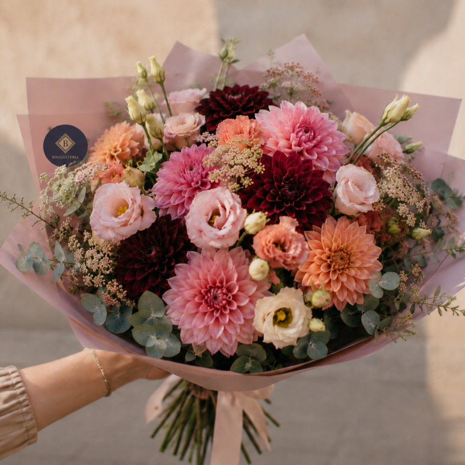 Vom Floristen Blumenlieferung Boqueteria Bunte Blumenstrauß mit Pfingstrosen in Rosa und Weiß, umgeben von Eukalyptus.