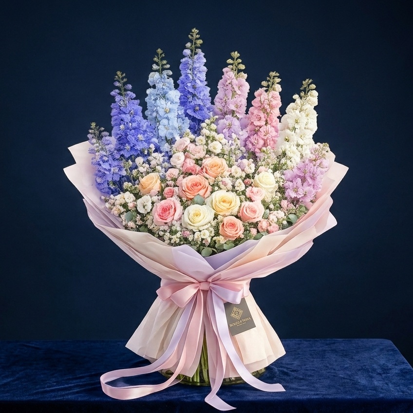 Blumen kaufen in der Nähe. liefern lassen in Steinhagen Bunter Blumenstrauß mit Rosen und Delphinen auf blauem Hintergrund.
