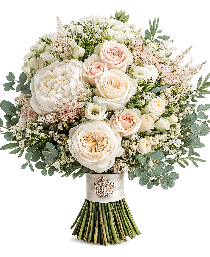 Pfingstrosenstrauß Bouqueteria Bunte Blumenstrauß mit Pfingstrose, Chrysanthemen und zarten weißen Blüten.