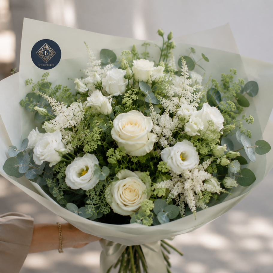Vom Floristen Blumenlieferung Boqueteria Bunte Blumenstrauß mit Pfingstrosen in Rosa und Weiß, umgeben von Eukalyptus.