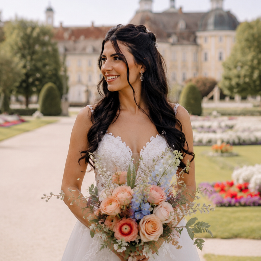 Brautstrauß vom Floristen in Steinhagen Braut in einem eleganten Hochzeitskleid mit Blumenstrauß in einem Garten.