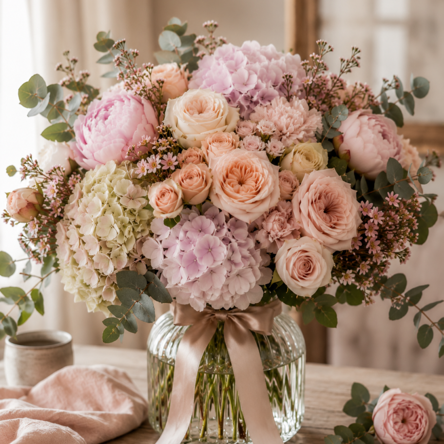 Geburtstagsstrauß vom Floristen in Steinhagen Bunter Blumenstrauß in einer Glasvase mit rosa und lila Blüten, umgeben von grünen Blättern.