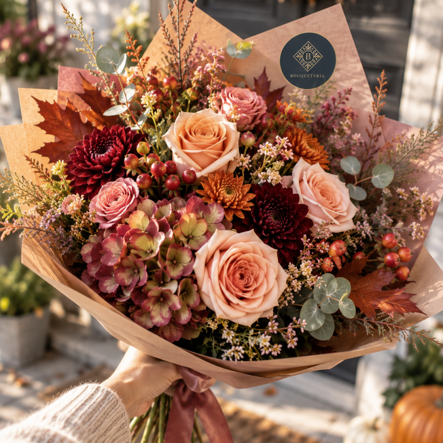 Bunte Blumenstrauß mit Pfingstrosen in Rosa und Weiß, umgeben von Eukalyptus.