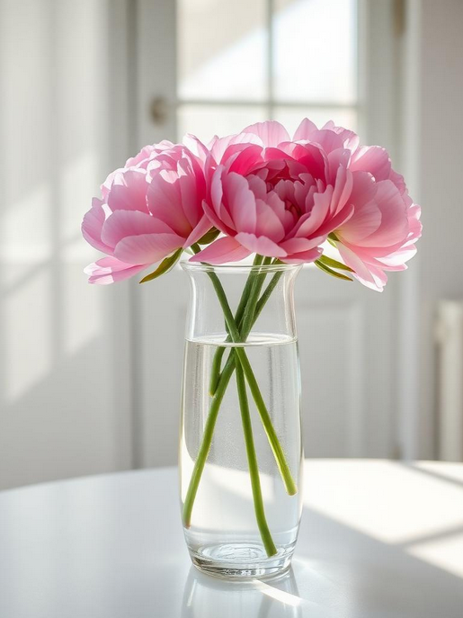 Floristik Design Rosa Pfingstrosen in einer klaren Vase mit Wasser auf einem Tisch.