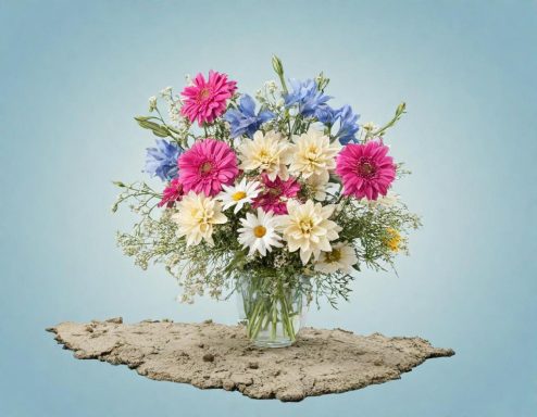 Bunte Blumenstrauß mit pinken, blauen und weißen Blumen auf hellem Hintergrund.