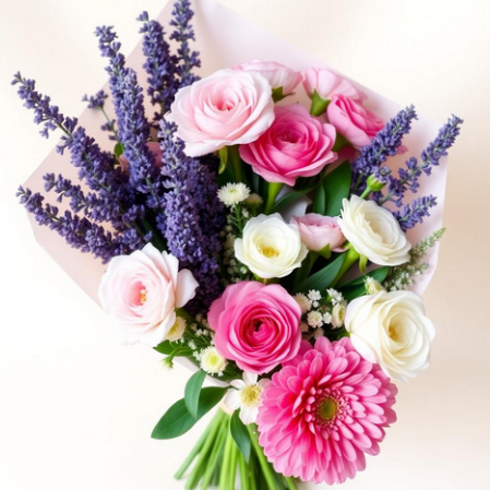 Bunt gemischter Blumenstrauß mit Rosen, Gerbera und Lavendel auf hellem Hintergrund.