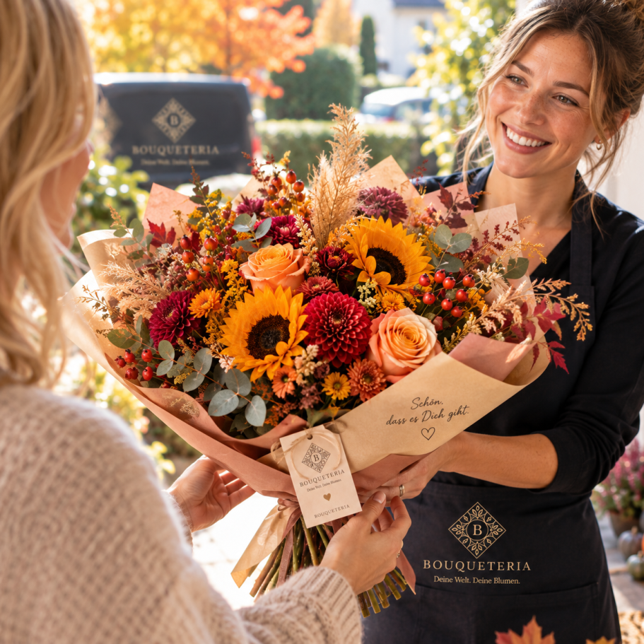Bunter Blumenstrauß mit Pfingstrosen, Hortensien und Weißdorn, gebunden mit einer Schleife.