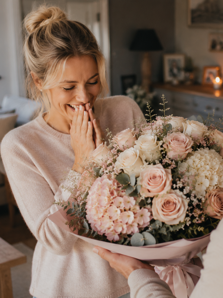 Ein Mann überreicht einer Frau einen Blumenstrauß mit rosa und weißen Blumen.