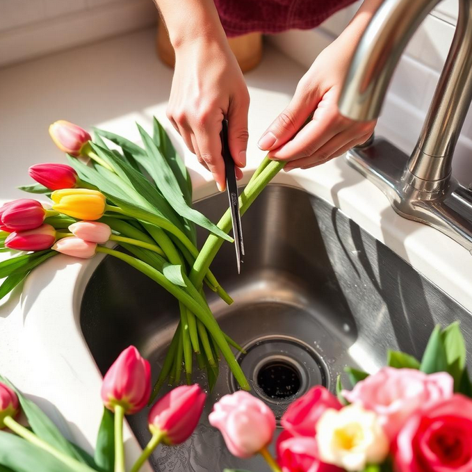 Blumen Tipps von Bouqueteria Hände schneiden Tulpenstiele über einem Spülbecken, umstrickt von Blumen.