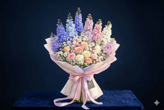 Bunte Blumenarrangement mit Flieder, Rosen und anderen blühenden Pflanzen in sanften Farben.