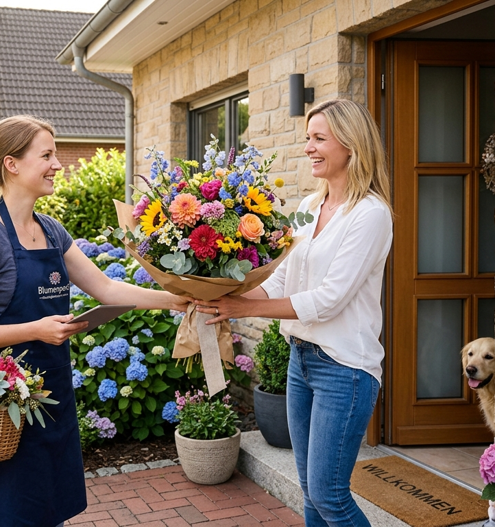 Frau liefert einer Kundin  einen großen Blumenstrauß vor einem Haus. Hund sitzt daneben.