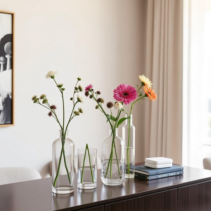 Blumen Tipps von Bouqueteria Bunte Blumen in Glasvasen auf einem Holztisch neben einem Bild und weißen Handtüchern.