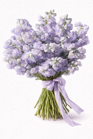 Ein Bouquet aus lavendelfarbenen Blumen mit lila Band gebunden.