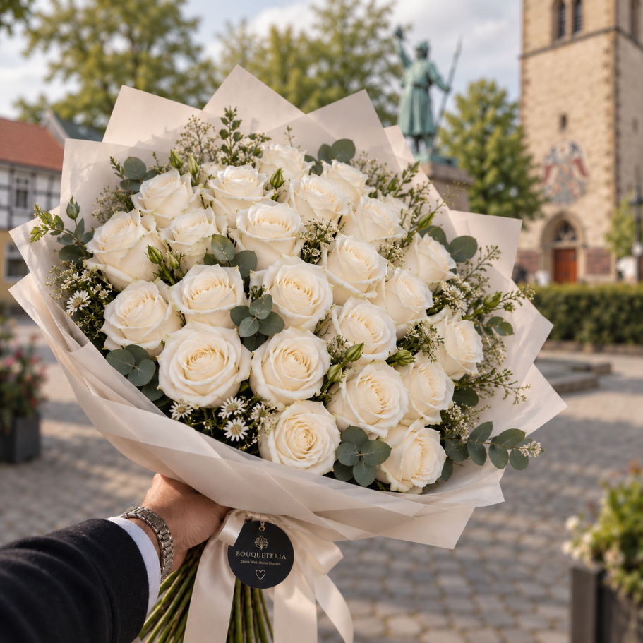 Bunter Blumenstrauß mit Pfingstrosen, Hortensien und Weißdorn, gebunden mit einer Schleife.