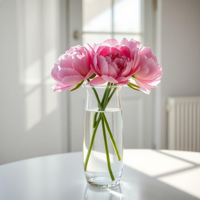 Blumen Tipps von Bouqueteria Strauß aus rosa Pfingstrosen in einer klaren Vase auf einem Tisch.
