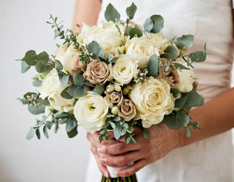 Brautstrauß mit weißen und cremigen Rosen, Eukalyptus und grünem Blattwerk.