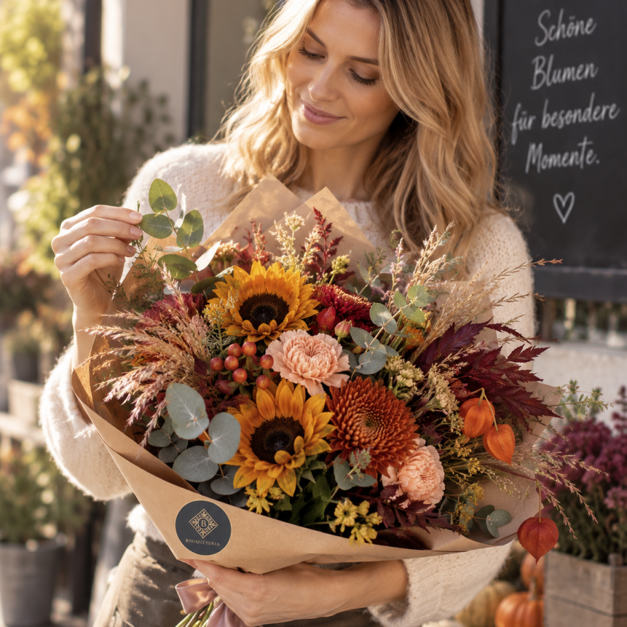 Bunt gemischter Blumenstrauß mit Rosen, Gerbera und Lavendel auf hellem Hintergrund.