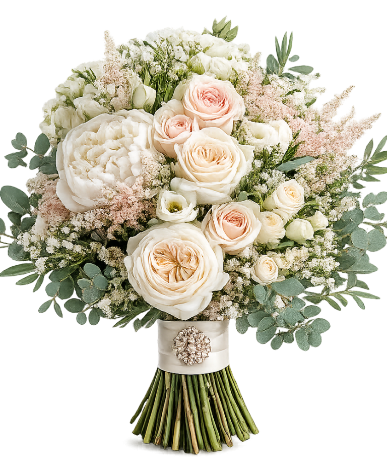 Bunte Blumenstrauß mit Pfingstrose, Chrysanthemen und zarten weißen Blüten.
