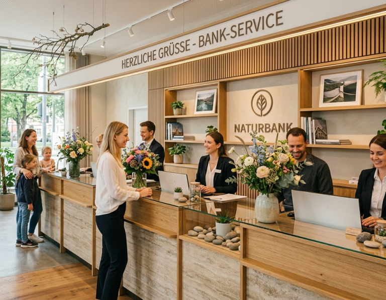 Moderne Bankfiliale mit Empfangstresen, Beratern und blumiger Dekoration.