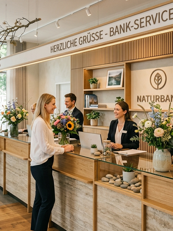 Moderne Bankfiliale mit freundlichem Personal und Blumenarrangements.