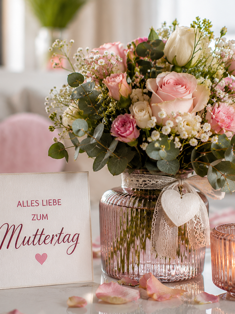 Blumen für Jubiläen und Geburtstage und Feste Blumenstrauß in einer Glasvase mit Herzanhänger, Kartenmotiv zum Muttertag.