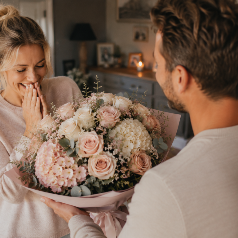 Bunt gemischter Blumenstrauß mit Rosen, Gerbera und Lavendel auf hellem Hintergrund.