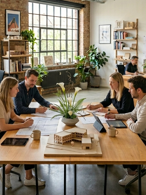 Teamwork in modern Büro, am Tisch sitzend mit Plänen und Pflanzen im Hintergrund.