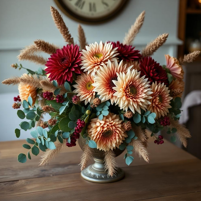 Blumen Tipps von Bouqueteria Bunte Blumenarrangement mit Gerbera, Eukalyptus und Pampasgras in einer silbernen Vase.