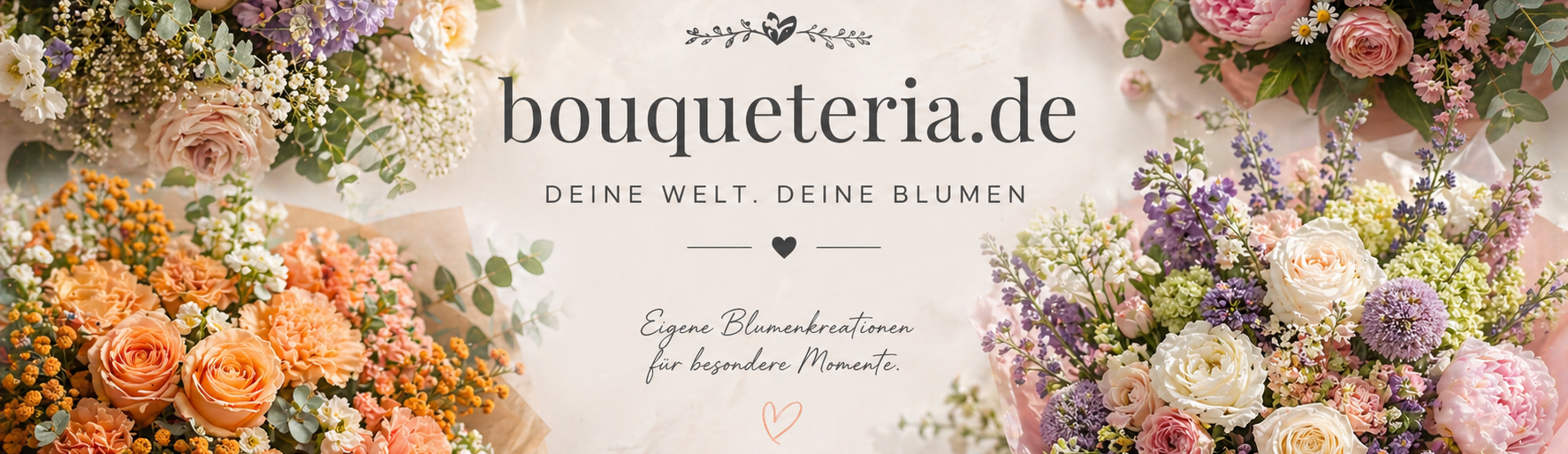 Bunte Blumensträuße in dekorativen Arrangements mit elegantem Hintergrund.