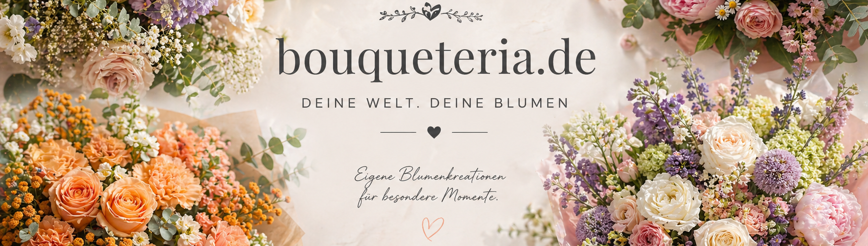 Blumen Design Bunte Blumenarrangements mit dem Schriftzug "bouqueteria.de".