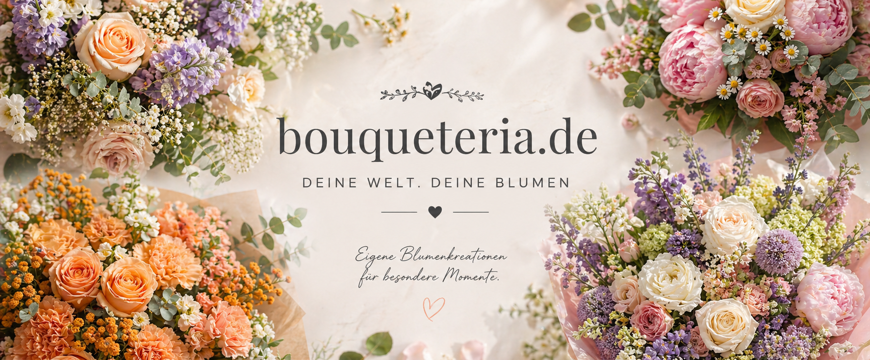 Blumen kaufen von Bouqueteria Steinhagen Bunte Blumensträuße in dekorativen Arrangements mit elegantem Hintergrund.