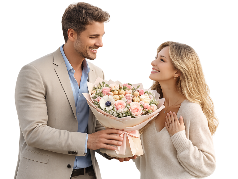 Ein Mann überreicht einer Frau einen Blumenstrauß mit Rosen und Anemonen.
