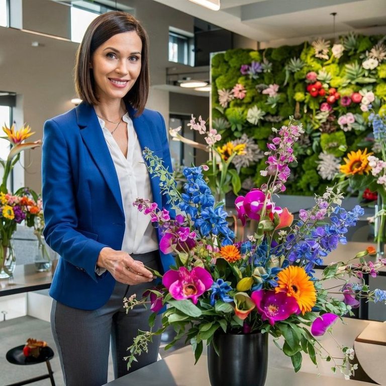 Frau mit bunten Blumen in einer modernen Floristikwerkstatt.