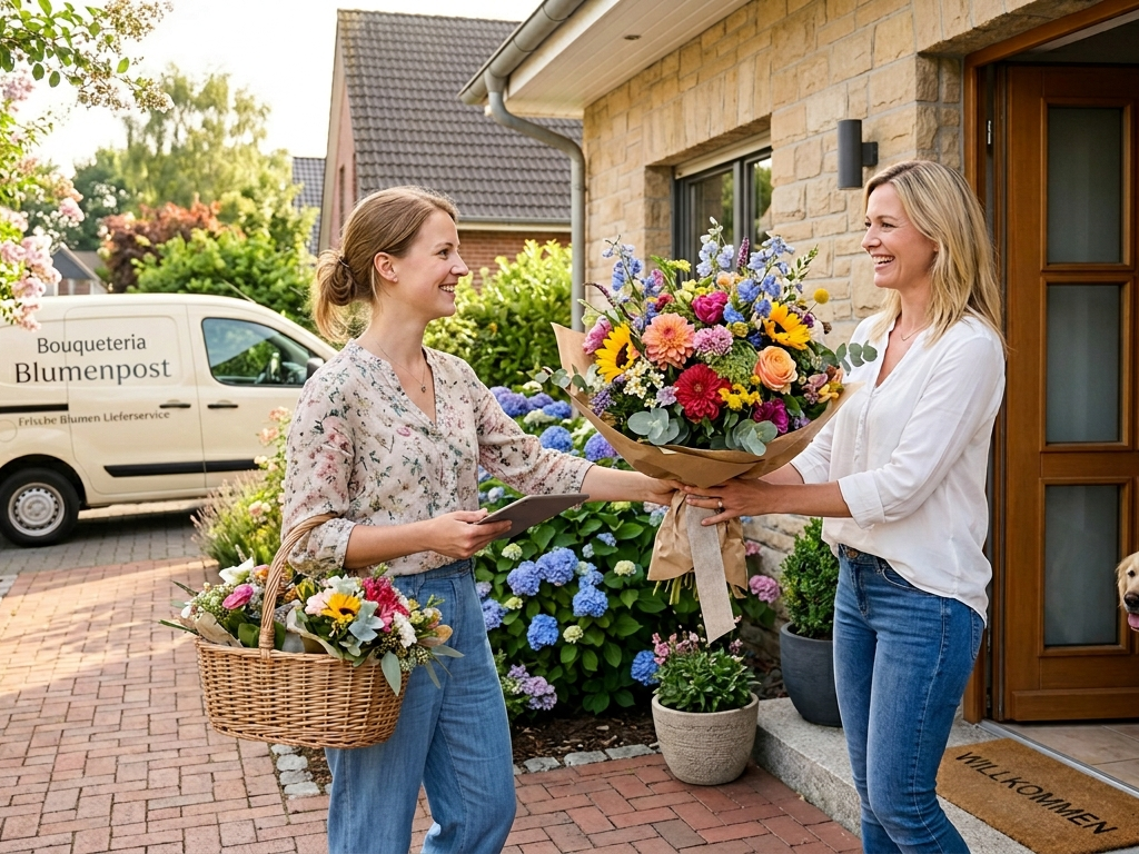 Brautpaar sitzt in einem Auto, lächelt und hält einen Blumenstrauß.