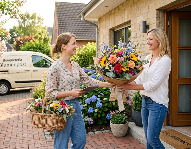 Zwei Frauen stehen an einer Haustür, eine überreicht einen Blumenstrauß.