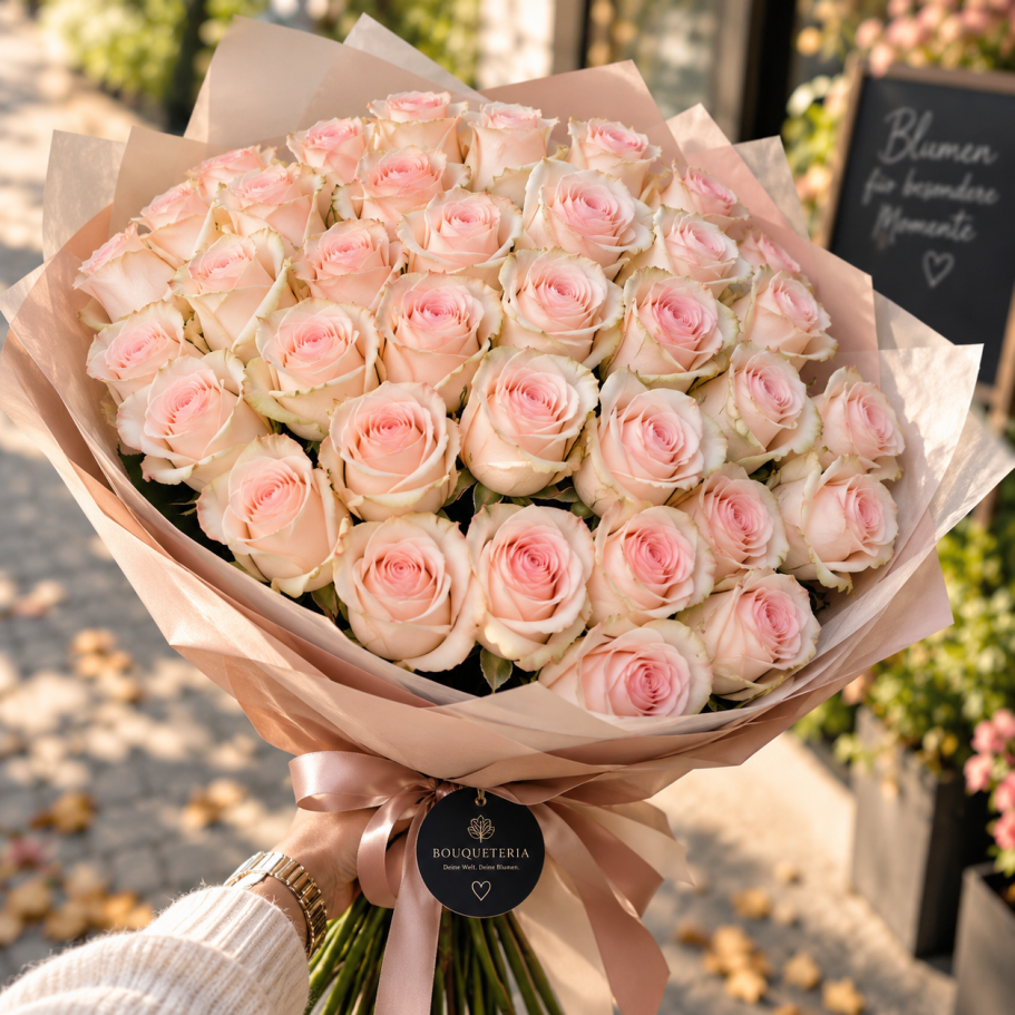 Ein üppiger Blumenstrauß mit Pfirsich- und weißen Rosen, Eukalyptus und zarten Akzenten.