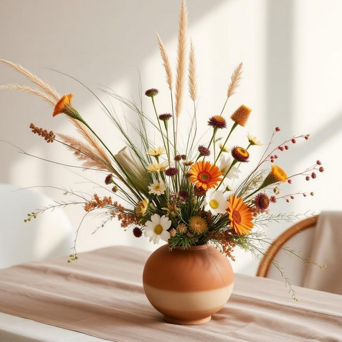 Blumen Dekoration Bunte Blumenarrangement in einer rustikalen Vase auf einem Tisch.