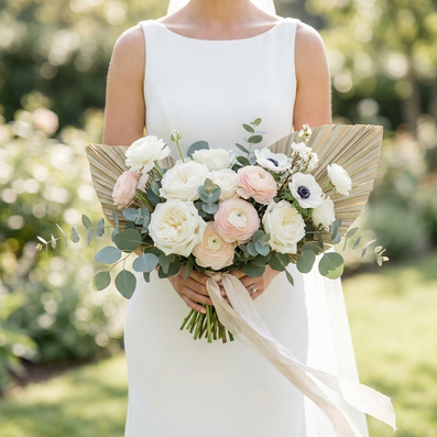 Hochzeitsstrauß aus Rosen, Anemonen und Eukalyptus in einer schönen, eleganten Haltung.