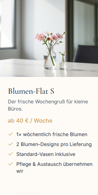 Blumen für Firmen Frischer Blumenstrauß in einer Vase auf einem Tisch mit Angebot für wöchentliche Lieferung.