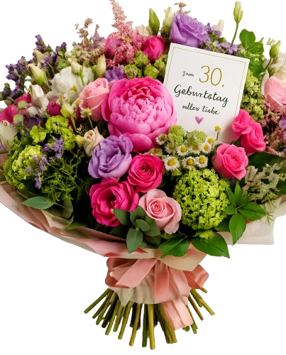 Hochzeitsstrauß mit weißen und rosa Blumen, umgeben von grünem Laub und Satinband.