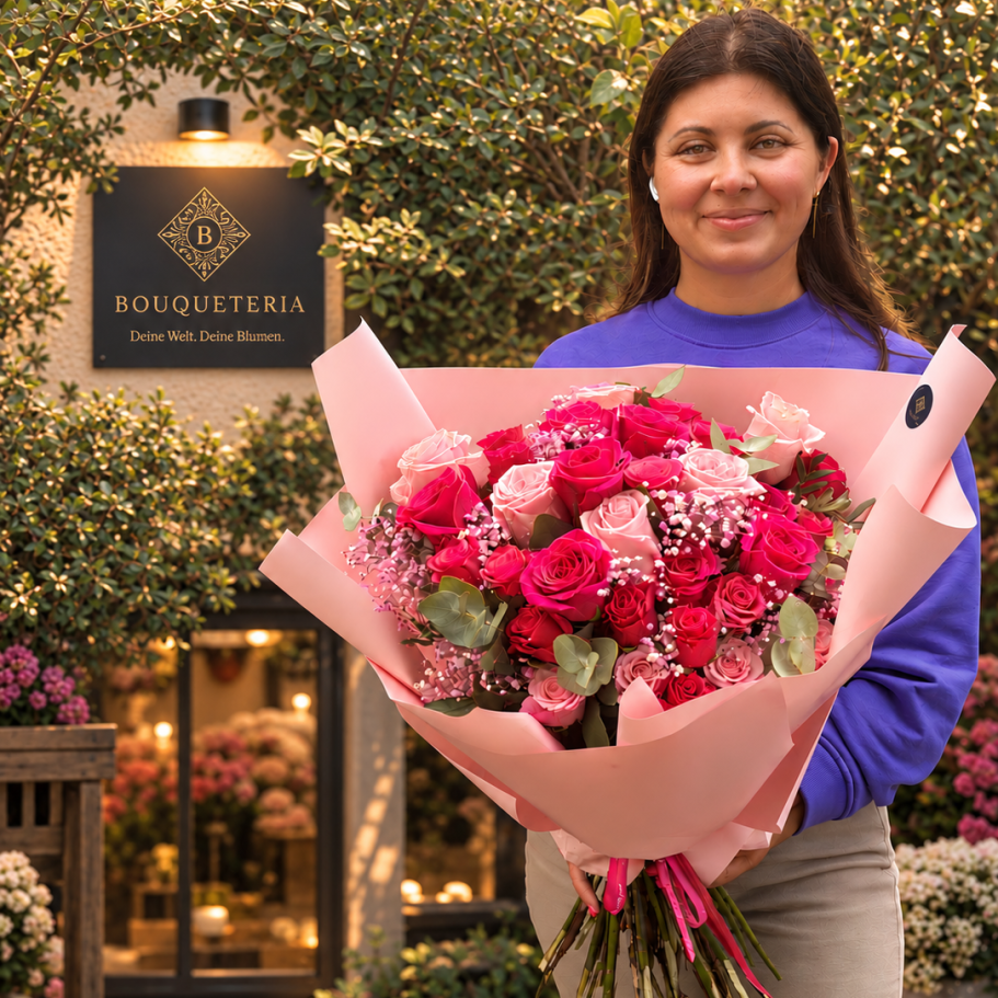 Ein üppiger Blumenstrauß mit Pfirsich- und weißen Rosen, Eukalyptus und zarten Akzenten.