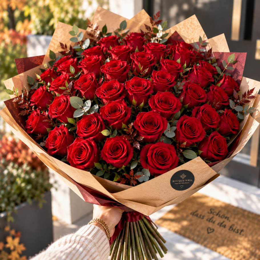 Bunte Blumenstrauß mit Pfingstrosen in Rosa und Weiß, umgeben von Eukalyptus.